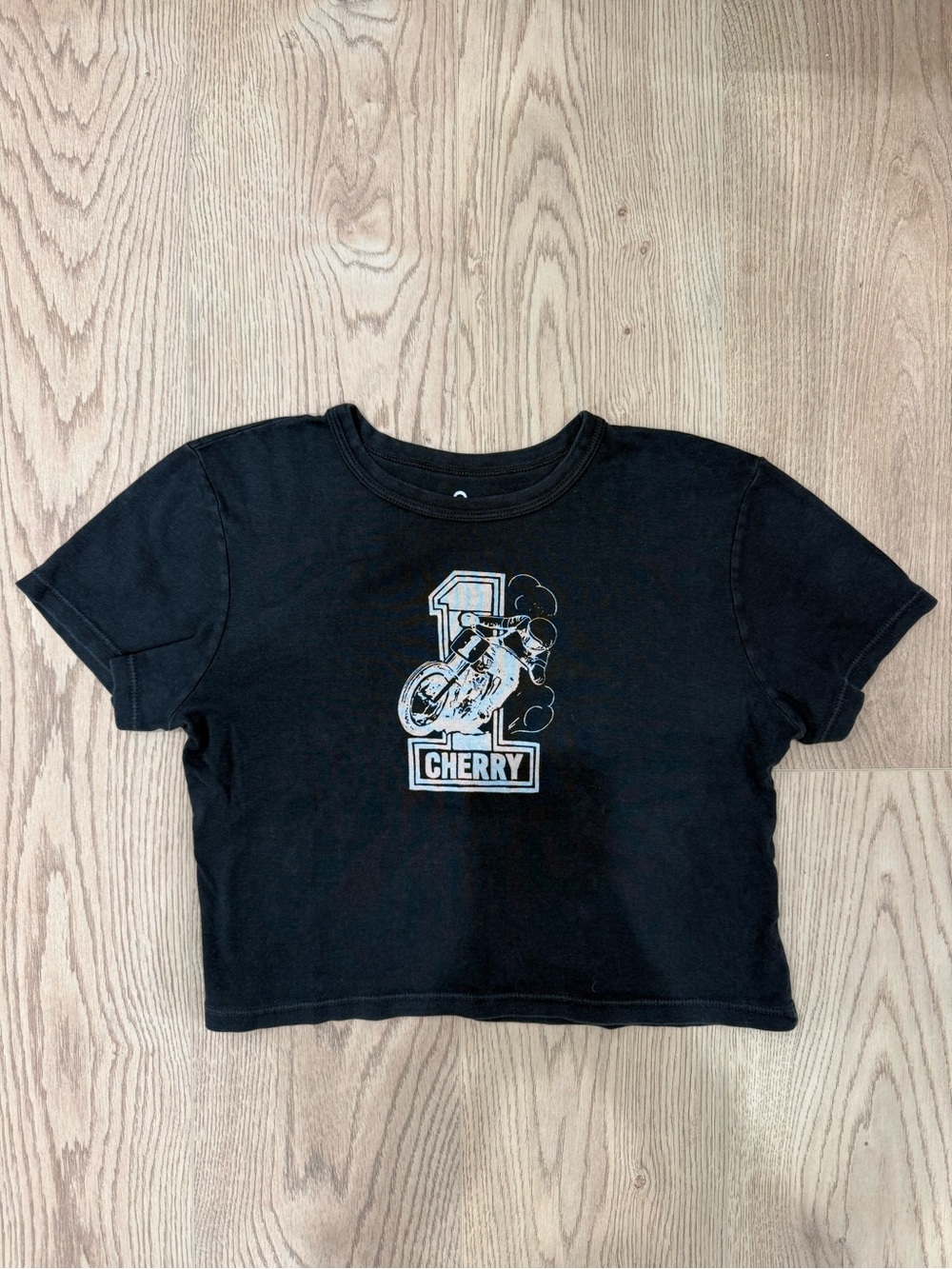Cherry LA navy blue baby tee with motorcycle graphic